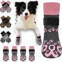 Anti Slip Dog Socks to Prevent Licking Paws - Double Side Dogs Paw Grip Sock for Hardwood Floors, No Twist Puppy Booties Grippy Socks for Senior Dogs, Dark Grey and Pink, XS 