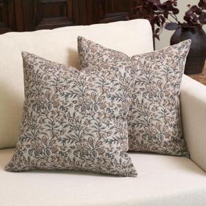 Amor Virisso Floral Throw Pillow Covers 18x18 Set of 2 Couch Pillows for Living Room Farmhouse Vintage Block Print Pillow Covers Decorative Pillow Covers Accent Sofa Pillows, Green/Sand