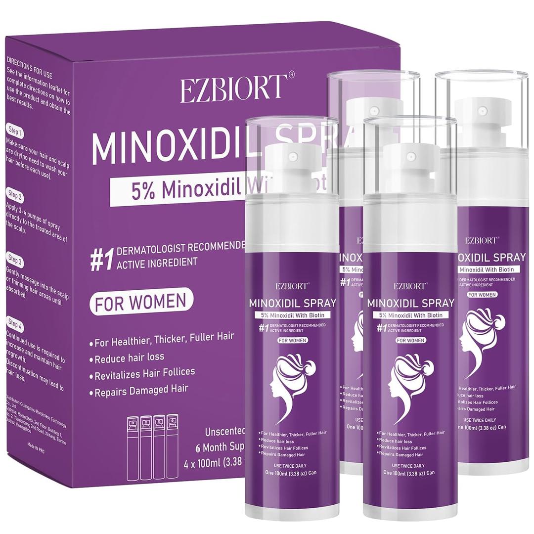 5% Minoxidil Spray for Women-4 PCS monoxide for men hair Infused with Biotin, hers hair regrowth treatment, Supports Thicker and Fuller Hair & Beard (3.38 fl oz, 6 Month Supply)
