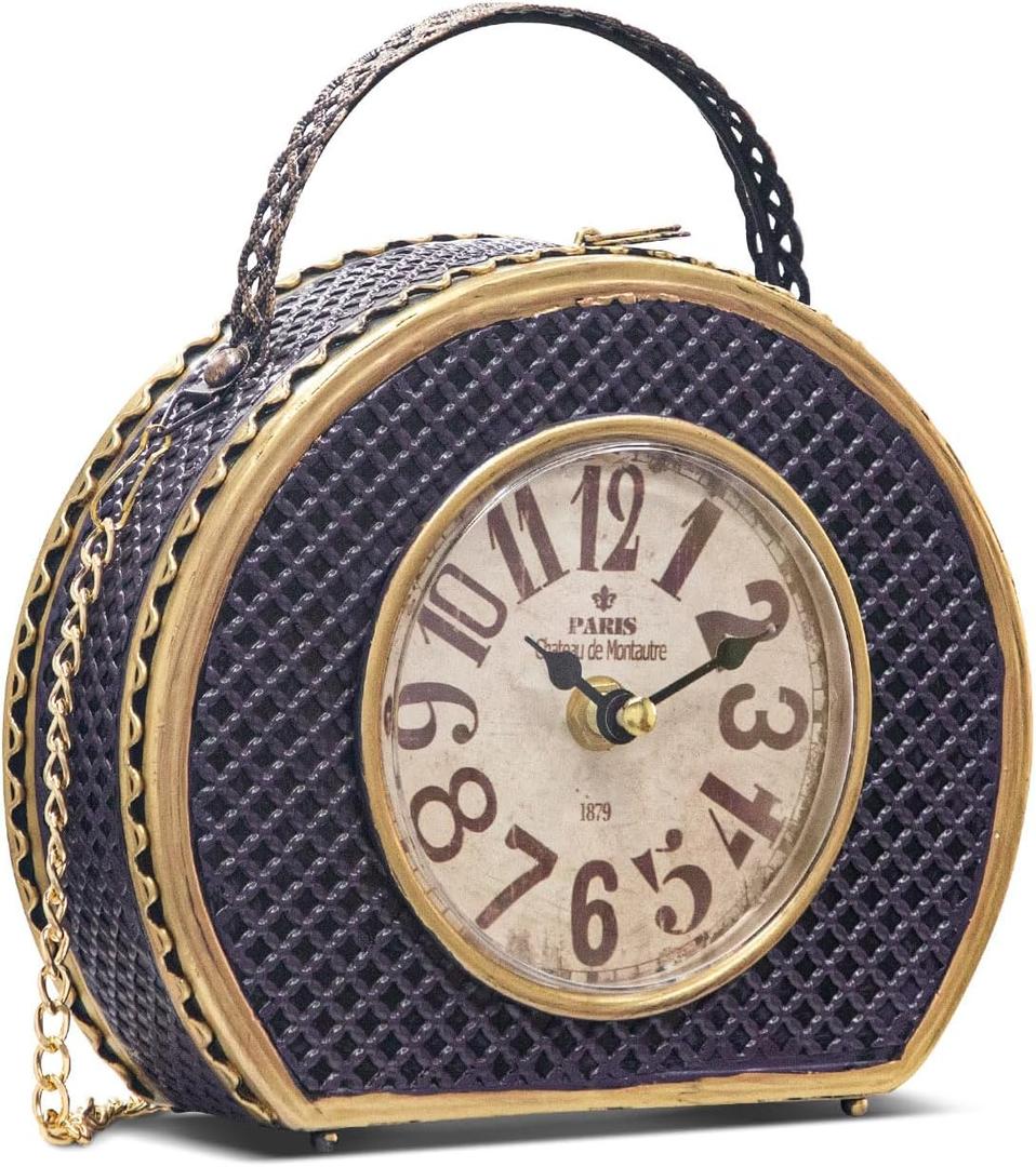 Vintage Purple Handbag Table Clock, Decorative Desk Timepiece with Antique Gold Trim, Textured Accent Clock for Shelf & Tabletop, Gift for Mothers Day & Valentines Day