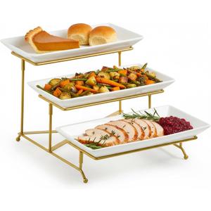 LAUCHUH 3 Tier Serving Stand Porcelain Serving Platter Tier Serving Trays with Collapsible Sturdier Rack, Serving Dishes and Platters for Thanksgiving, Christmas, Entertaining, Gold, 12 Inch