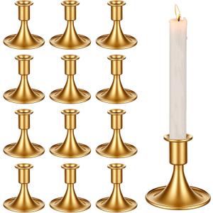 12 Pcs Gold Candle Holders Candlestick Holders, Gold Brass Color Vintage Candle Taper Holder for Table Centerpiece, Wedding Reception, Festive Christmas Mantel Decoration or Home Decor