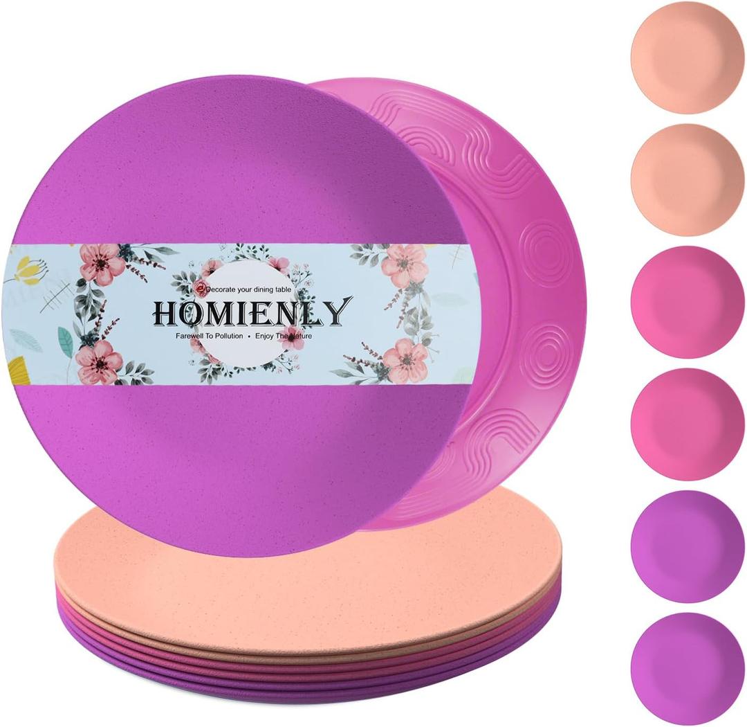 Homienly Dinner Plates | Dessert Plates with Etched Pattern Unbreakable | 9 inch Wheat Straw Plates Set of 6 - Lightweight Plates for Kitchen, Camping, Salad, Steak(Pink Flower) (8.8 IN KIDS SIZE)