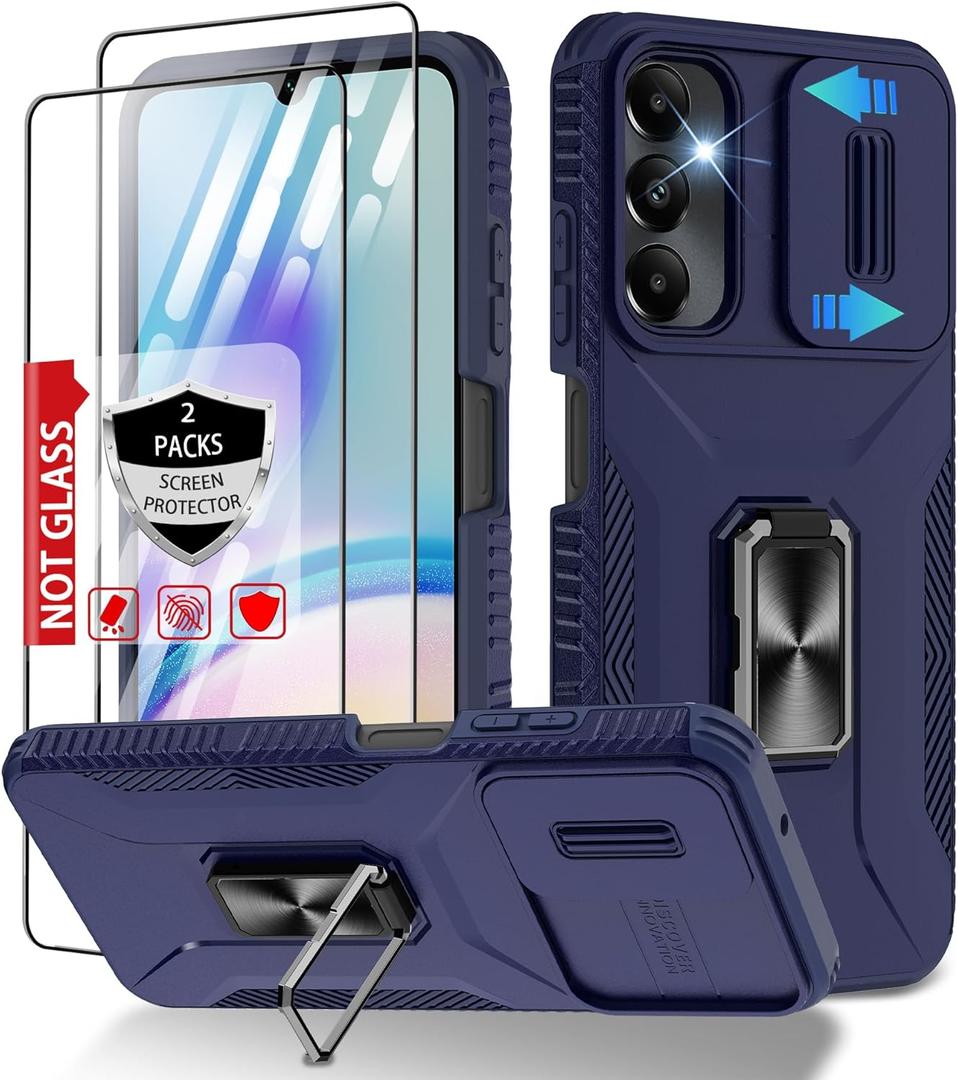for Samsung Galaxy A05s Case with Slide Camera Cover & Screen Protector (2 Packs), [Military Grade] Shockproof Rotation Ring Holder Kickstand Protective Case for Galaxy A05s, Blue