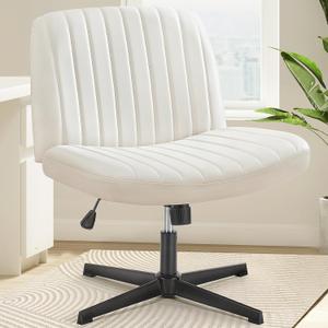 OLIXIS Criss Cross Chairs Armless No Wheels Wide Seat Cross Legged Height Adjustable Swivel Padded PU Leather Home Office Desk Chair for Bedroom, Student, Study Room, Beige Dual Base
