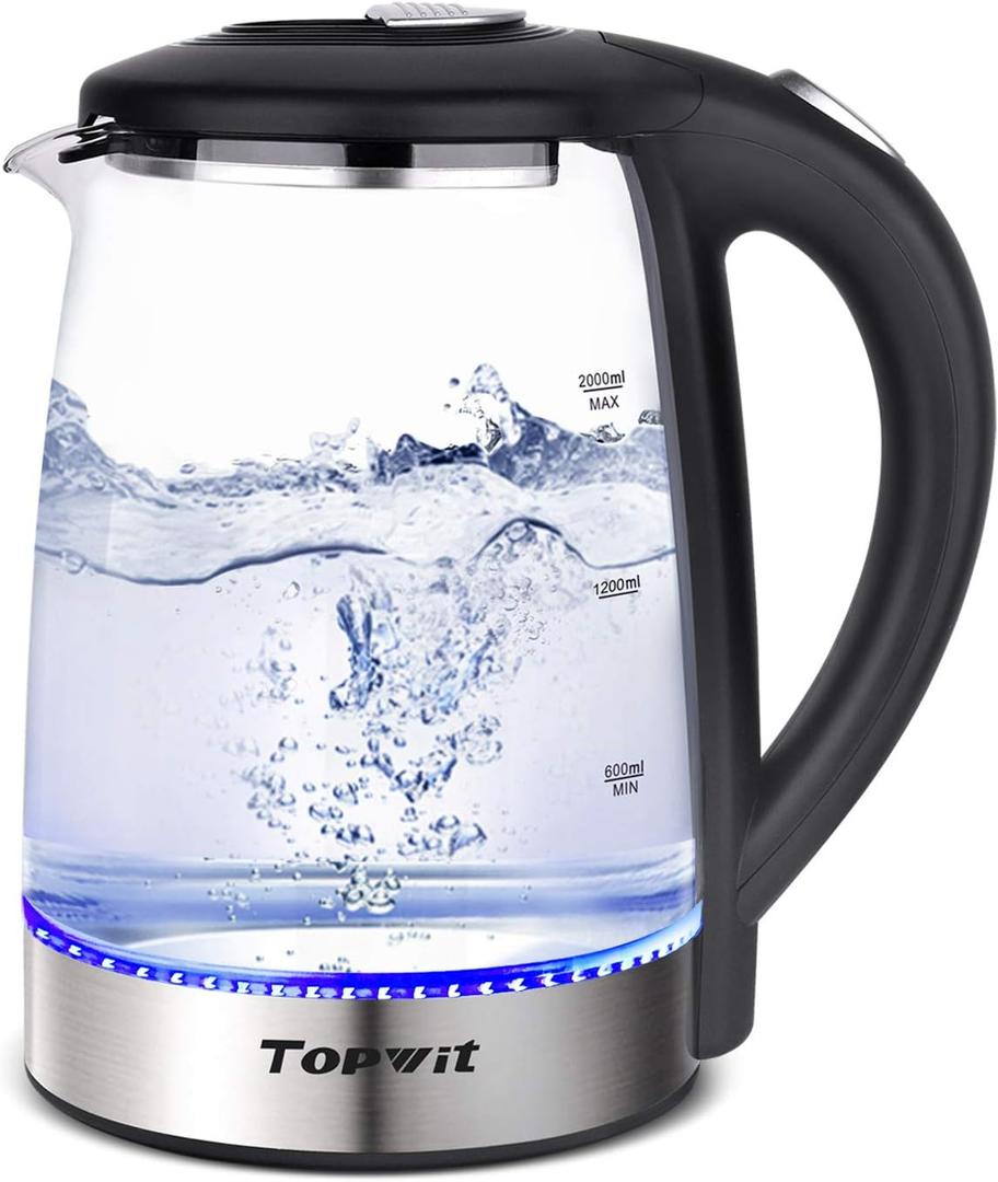 TOPWIT Electric Kettle Glass Hot Water Kettle, 2.0L Water Warmer, BPA-Free Stainless Steel Lid & Bottom, Tea Kettle with Fast Heating, Auto Shut-Off & Boil Dry Protection (2.1 Quarts, Black)
