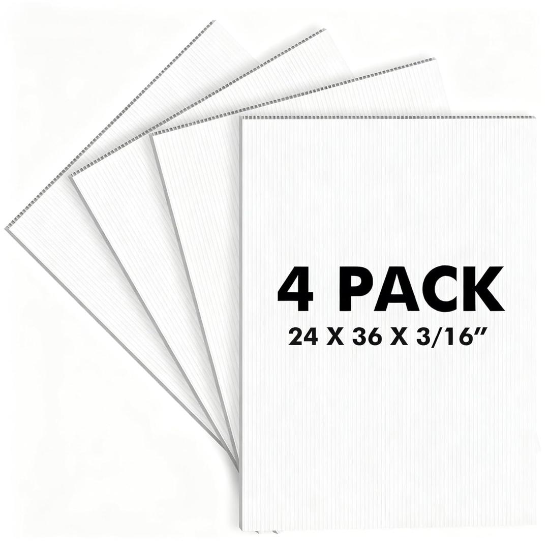 4 Pack 24x36 inch Corrugated Plastic Board, 3/16 inch Thick White Poster Board, Waterproof for Indoor Outdoor Use, DIY Projects