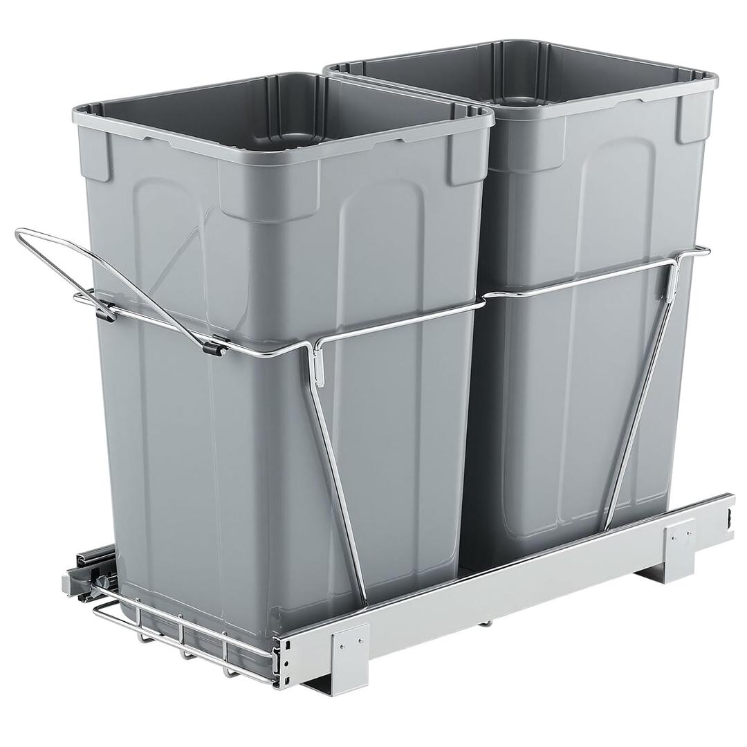 VEVOR Pullout Trash Can for Kitchen Cabinets, 27QTx2 Double Under Sink Garbage Waste Recycling Bin, Under Mount Waste Container, with Heavy Duty Metal Full Extension Sliding System and Handle Grey