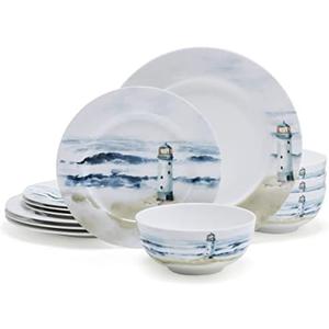 Mikasa Seaside Coastal Bone China Lightweight Chip Resistant 12 Piece Dinnerware Set, Service for 4