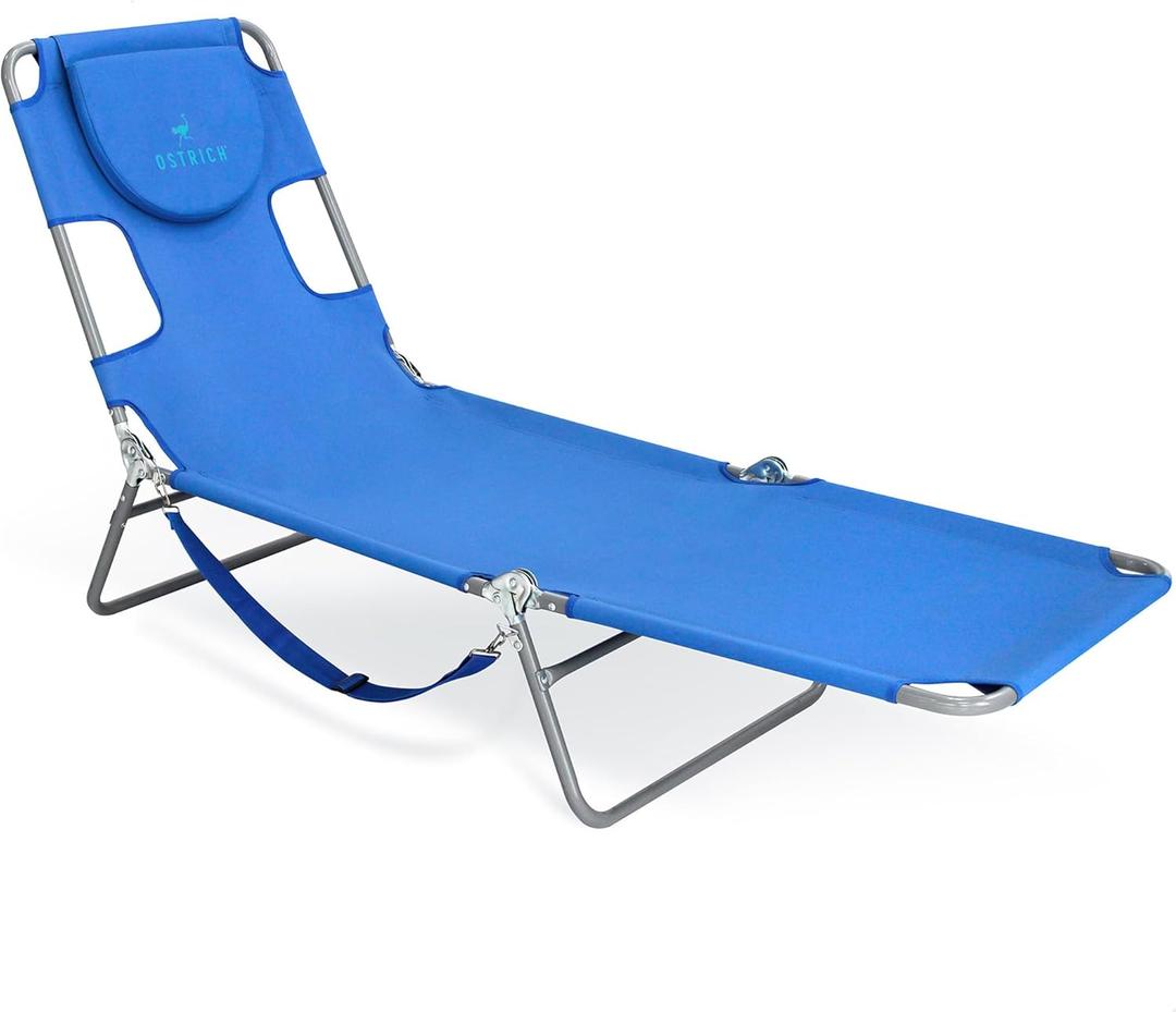 Ostrich Beach Lounge Chair, Folding & Reclining Outdoor Chaise Lounger, Blue - Portable Adjustable Recliner Chair for Lawn, Pool, Patio, Garden, and Yard, Blue