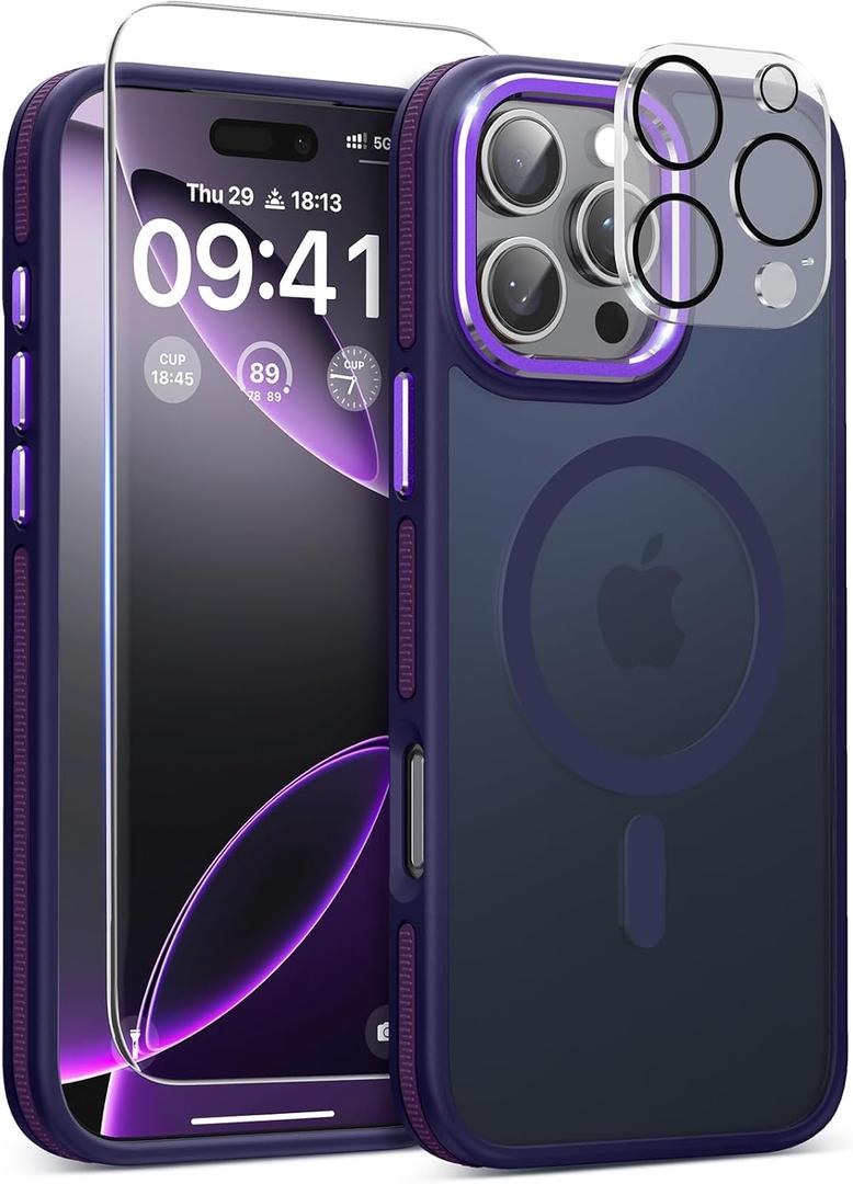 Magnetic 3 in 1 for iPhone 16 Pro Max Case, [Omni-Directional Protection] with 1x Screen Protector + 1x Camera Cover, [Seamless Work with Magsafe] Protective Silm Case for iPhone 16 Pro Max Purple