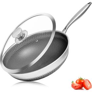 Vinchef Stainless Steel Wok Pan with Glass Lid 12 Inch, Honeycomb Nonstick Stir Frying Pan Induction Compatible and Dish Washer Safe