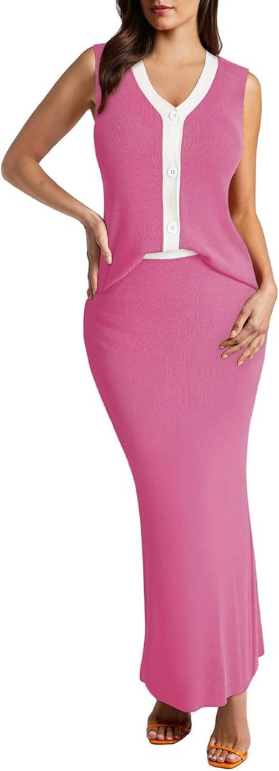 Pink Queen Women's 2 Piece Outfit Sets 2025 Summer Fashion Sleeveless Tank Top High Waist Slit Bodycon Knit Skirt Dresses Set (Medium)