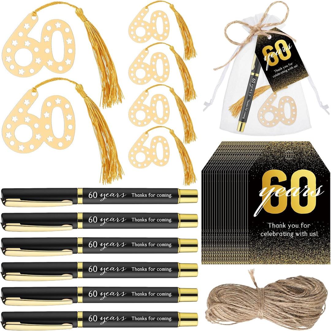 Spakon 25 Set 60th Birthday Party Favor for Guest Anniversary Party Favor Golden Birthday Bookmark Thanks for Coming Pen with Tag