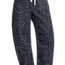 GRAPENT Barrel Jeans for Women Trendy High Waisted Pull On Wide Leg Cropped Leopard Cheetah Print Stretchy Denim Pants (XX-Large)