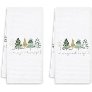 BitCNY Christmas Tree Kitchen Towels Set of 2 - Neutral Christmas Hand Towels, Christmas Dish Towels Neutral, Christmas Hand Towels for Bath,Merry and Bright Christmas Towel, 16 x 24 Inch