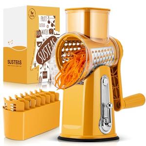 SUSTEAS Rotary Cheese Grater with Handle - Vegetable Shredder with 5 Well-designed Blades & Strong Suction Base,Round Mandoline Slicer & Food Chopper for Kitchen,with Blade Storage Box(Yellow)