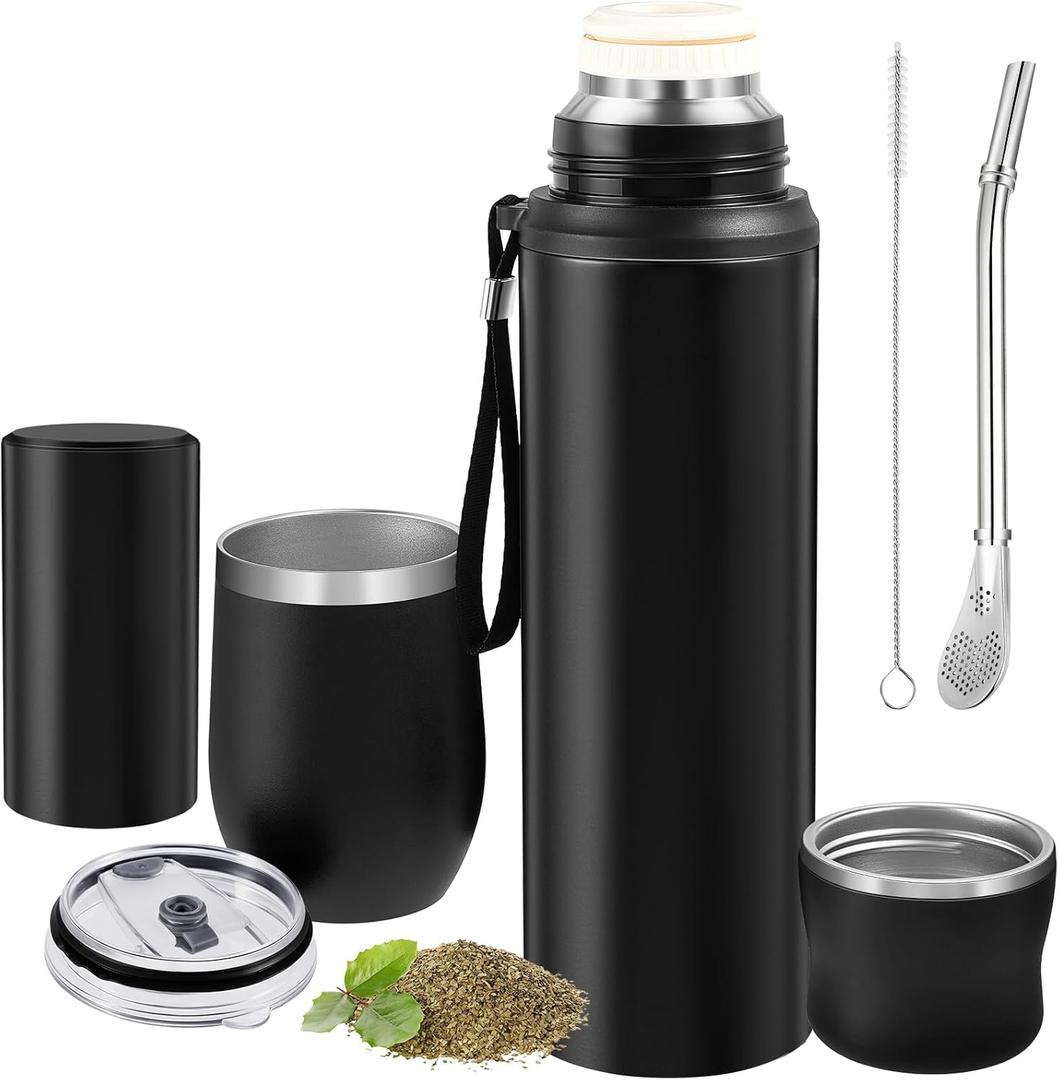 Suclain 3 Pcs Complete Yerba Mate Kit 12 oz Yerba Mate Gourd and Bombilla Set, 34 oz Stainless Steel Thermal Water Bottle with Tea Can, Straw Brush(Black)