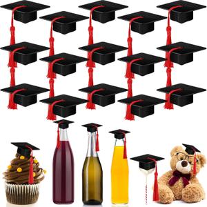 Qunclay 30 Pieces Mini Graduation Cap Black Hats with Red Tassels Plastic Grad Cake Pops Cover Toppers for Graduation Party Decorations