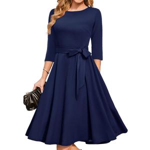 DRESSTELLS Women's Cocktail Dresses for Wedding Guest, Formal Tea Party Long Sleeve Dress Church Mother of the Bride Evening Gala 50S Vintage Modest A Line Fit and Flare Funreal, Navy L