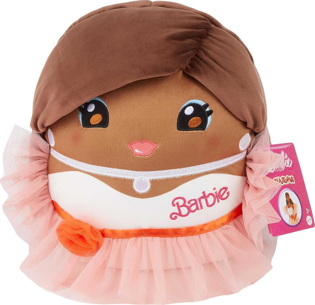 Barbie Cuutopia Plush, 10-inch Soft Pillow Doll Inspired by Iconic 80s Peach Gown with Tactile Ruffle Sleeves & Long Hair, Collectible Toy