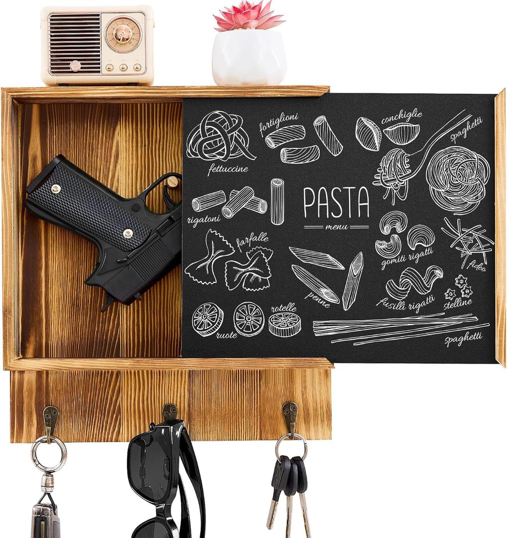 Hidden Gun Storage, Hidden Gun Safe for Pistols with 3 Metal Hooks, Wooden Picture Frames for Handgun, Hidden Storage Gun Safe Home Furniture, Concealment Furniture Storage, Rustic Brown