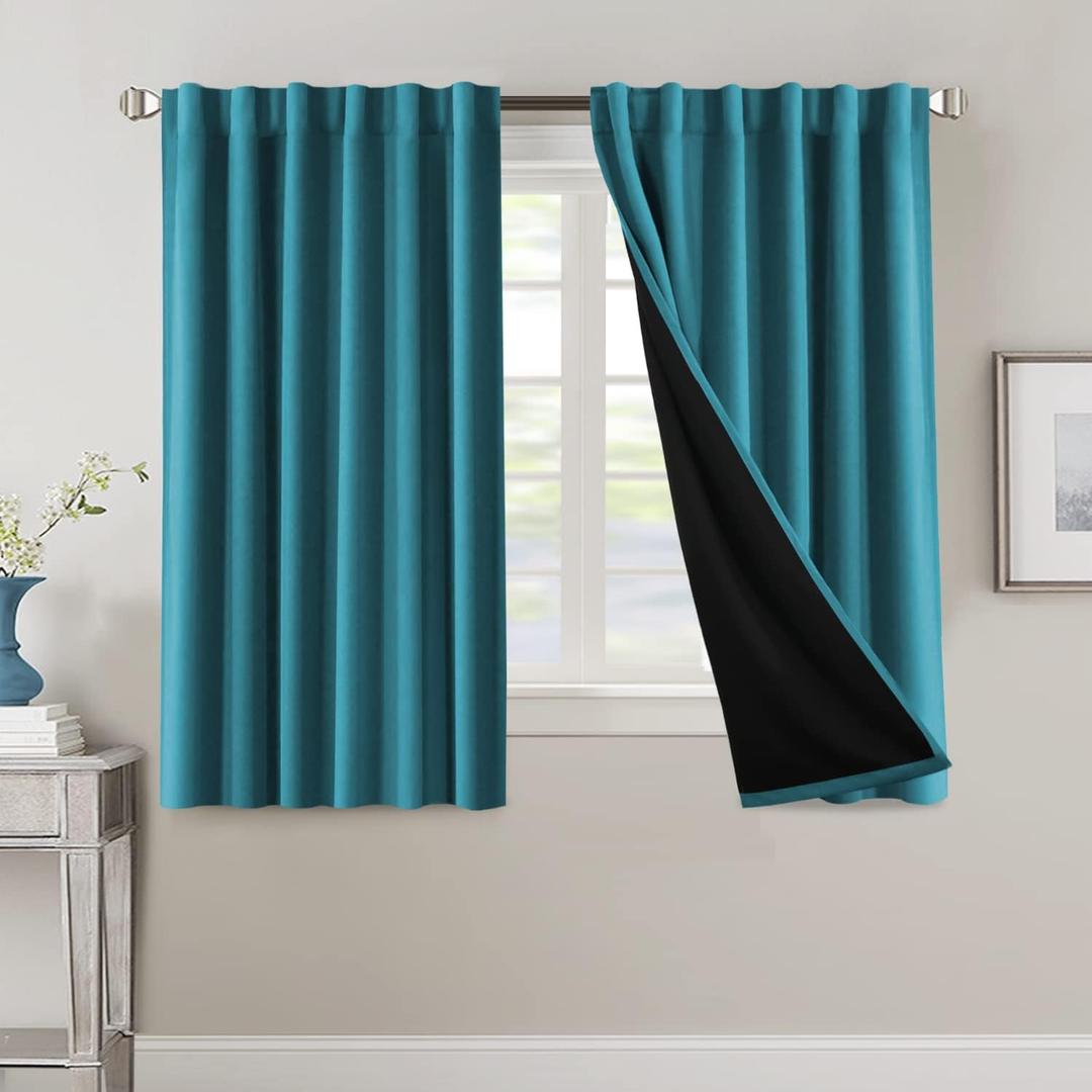 H.VERSAILTEX 100% Blackout Curtains for Bedroom with Black Liner Full Room Darkening Curtain 54 Inch Long Thermal Insulated Back Tab/Rod Pocket Window Drapes for Living Room, 2 Panels, Turquoise Blue