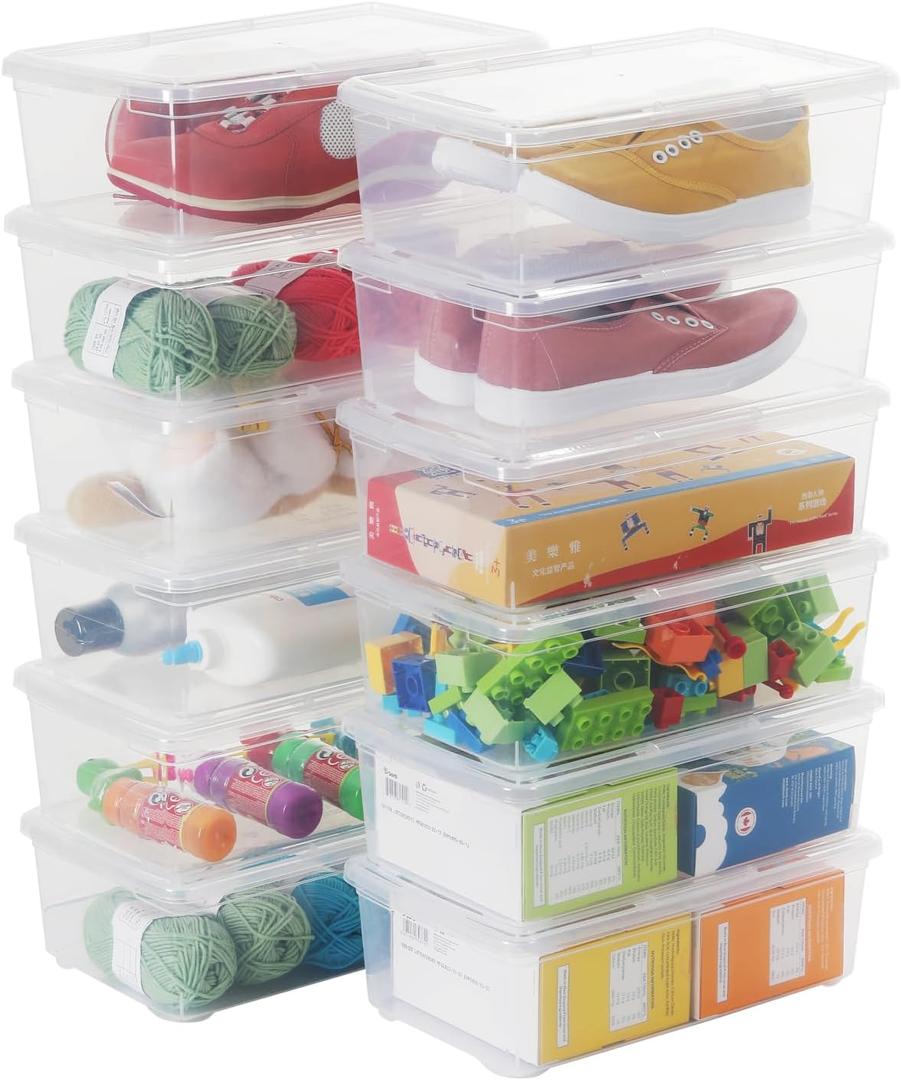 Stackable Plastic Storage Shoebox, BPA-Free Nestable Container with Latching Lid to Organize Shoes, See-Through Box for Home and Office, Multi-Purpose Clear Bins (12 Pack 6 Quart)