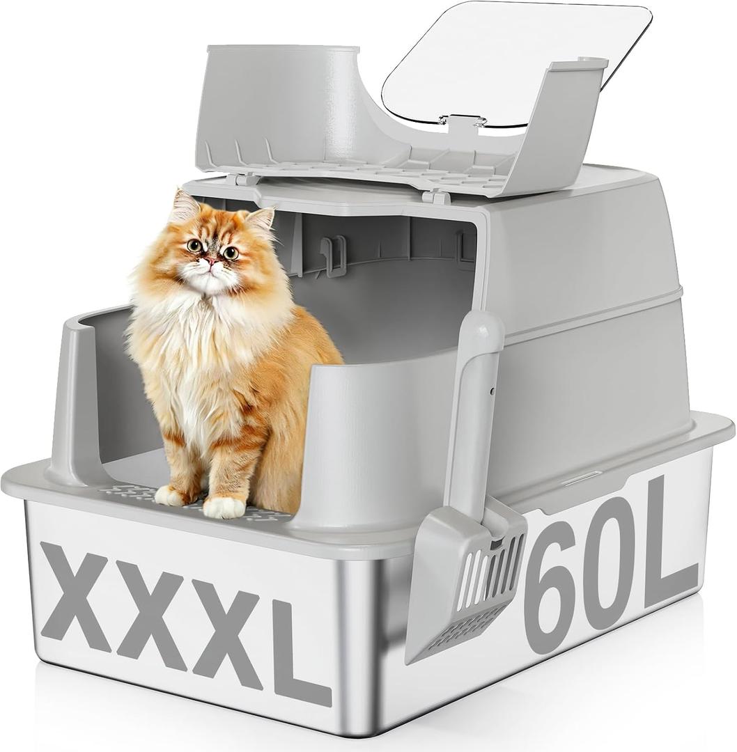 Stainless Steel Cat Litter Box with Lid, 180 Flip-Top XXXL Extra Large Enclosed Litter Box, 26" L x 18" W x 17" H Metal Litter Box with Hight Sides for Big Cats & Multiple Cats-Light Gray