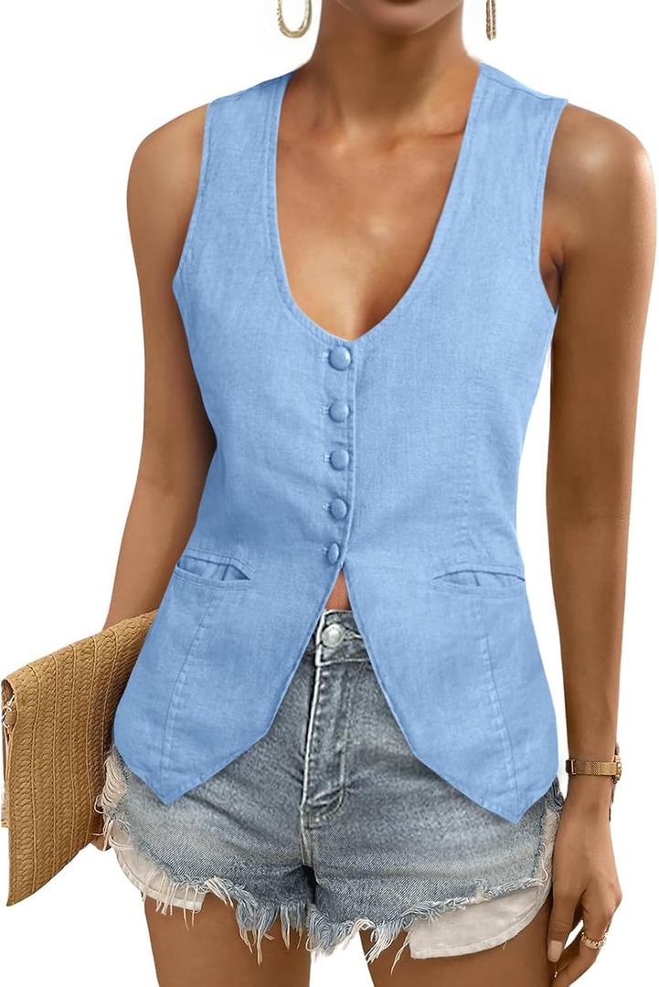 Tankaneo Womens Scoop Neck Blazer Vest Summer Linen Sleeveless Fitted Waistcoat Work Casual Cotton Suit Tops, 2XL