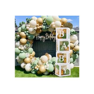 Sage Green Baby Shower Decorations Boy Girl - 4Pcs Baby Boxes with lettes and 112Pcs Green White Gold Balloons Arch Kit for Baby Shower Decorations, Dinosaur Jungle Safari Baptism Party Supplies