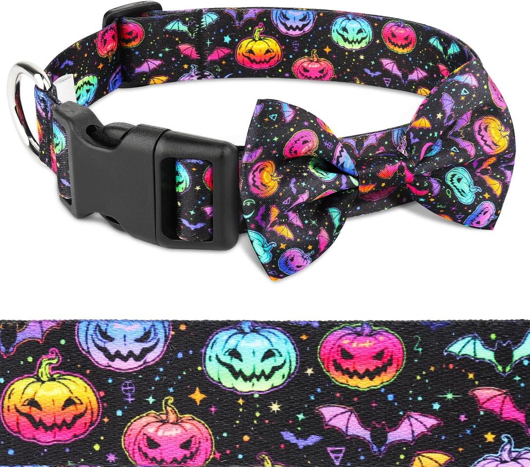 2 x Halloween Dog Collar Bowtie - Fall Collar with Bow-Pumpkin Bat Ghost Pattern - Adjustable for Medium Dogs