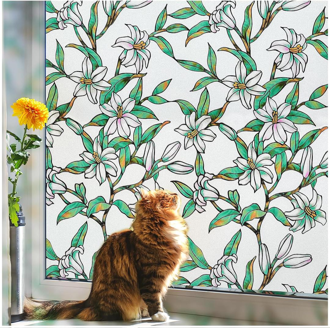 2 x Coavas Decorative Window Privacy Film, Heat Control Sun Blocking Stained Glass Window Film, Floral Design Static Cling, Non Adhesive Windows Tint for Bathroom Front Door(Vinyl, 17.5" x 78.7 ") (Frosted)