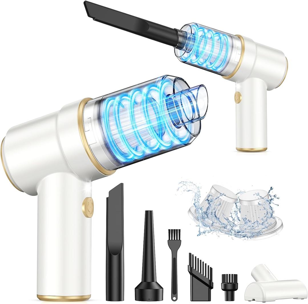 KMM Handheld Car Vacuum Cleaner, 9000PA Vacuum Cleaner & Air Duster, 120W High Power Vacuum Portable Cordless, Hand Held Vacuum Rechargeable with Multi-Nozzles & LED Light for Home, Car, Office (White & Gold)