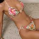Verdusa Women's 3 Piece Floral Leopard Sexy Halter Bikini Set Summer Swimsuit with Cover Up Skirt (Orange, M)