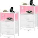 Somdot Nightstands Set of 2,End Tables with Charging Station and LED Lights,Night Stand with 2 Fabric Drawers, End Table with Open Shelf, Small Nightstand for Bedroom, White Leather, 11.8"D x 15.7"W x 23.6"H