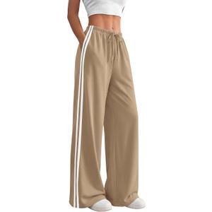 PRETTYGARDEN Womens Wide Leg Sweat Pants Striped Flowy Pants Trousers Khaki (Brown, M)