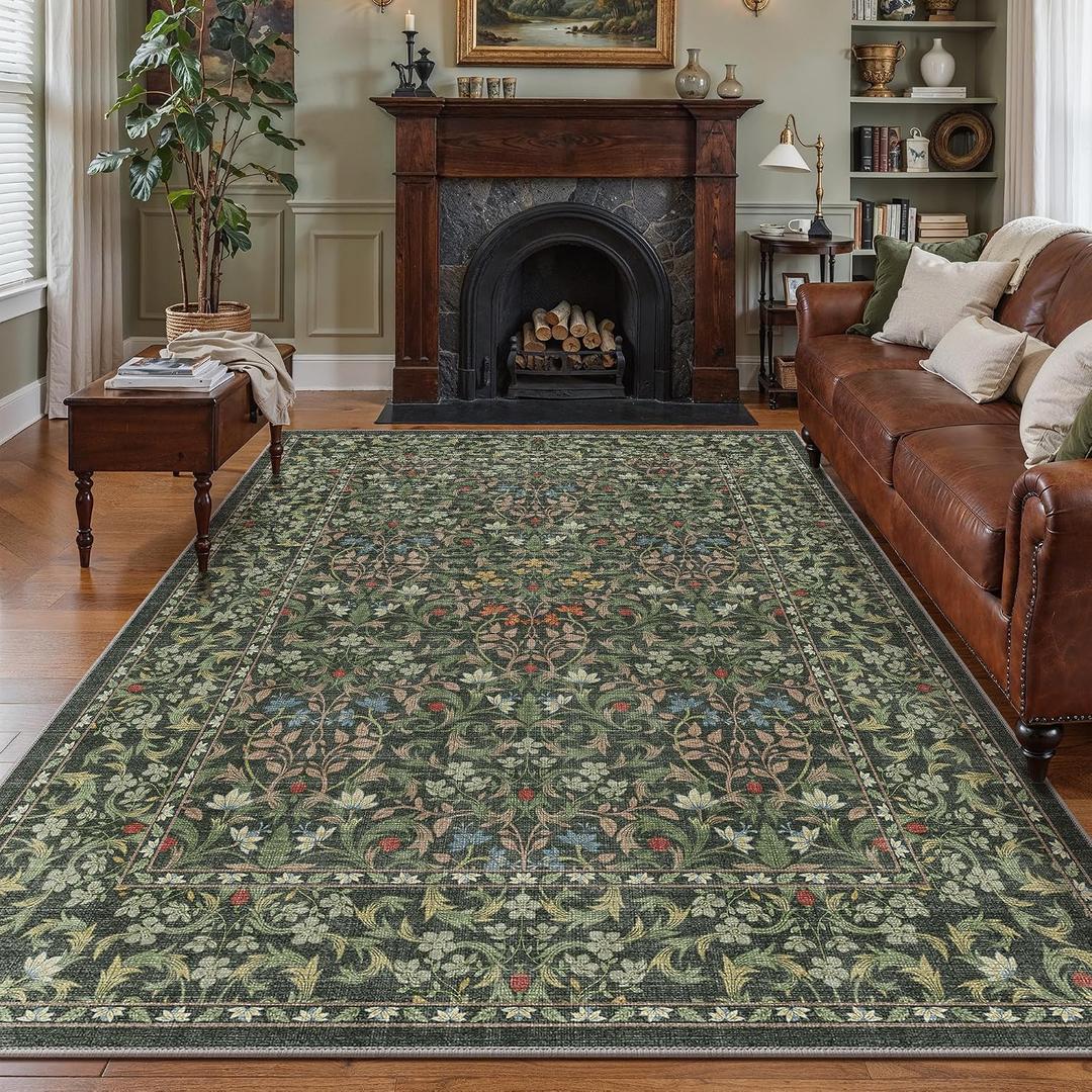 Bavni 6x9 Area Rugs for Living Room, Floral Rug Machine Washable Non Slip, Vintage Boho Forest Carpet, Soft Low Pile Thin Lightweight Rugs for Bedroom, Farmhouse, Dining Room Office, Emerald Green