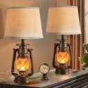 LEDIARY 18.72" LED Vintage Lantern Flickering Flame Table Lamps for Bedrooms Set of 2, Small Farmhouse Rustic Vintage End Table Lamps, Halloween Decorative Lantern Bedside Lamps for Living Room (Bronze Brown)