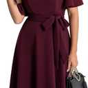 Bbonlinedress Women Midi Vintage Cocktail Party Tea Dress Short Sleeve Formal Wedding Guest Church Modest Dress (Medium, Burgundy)