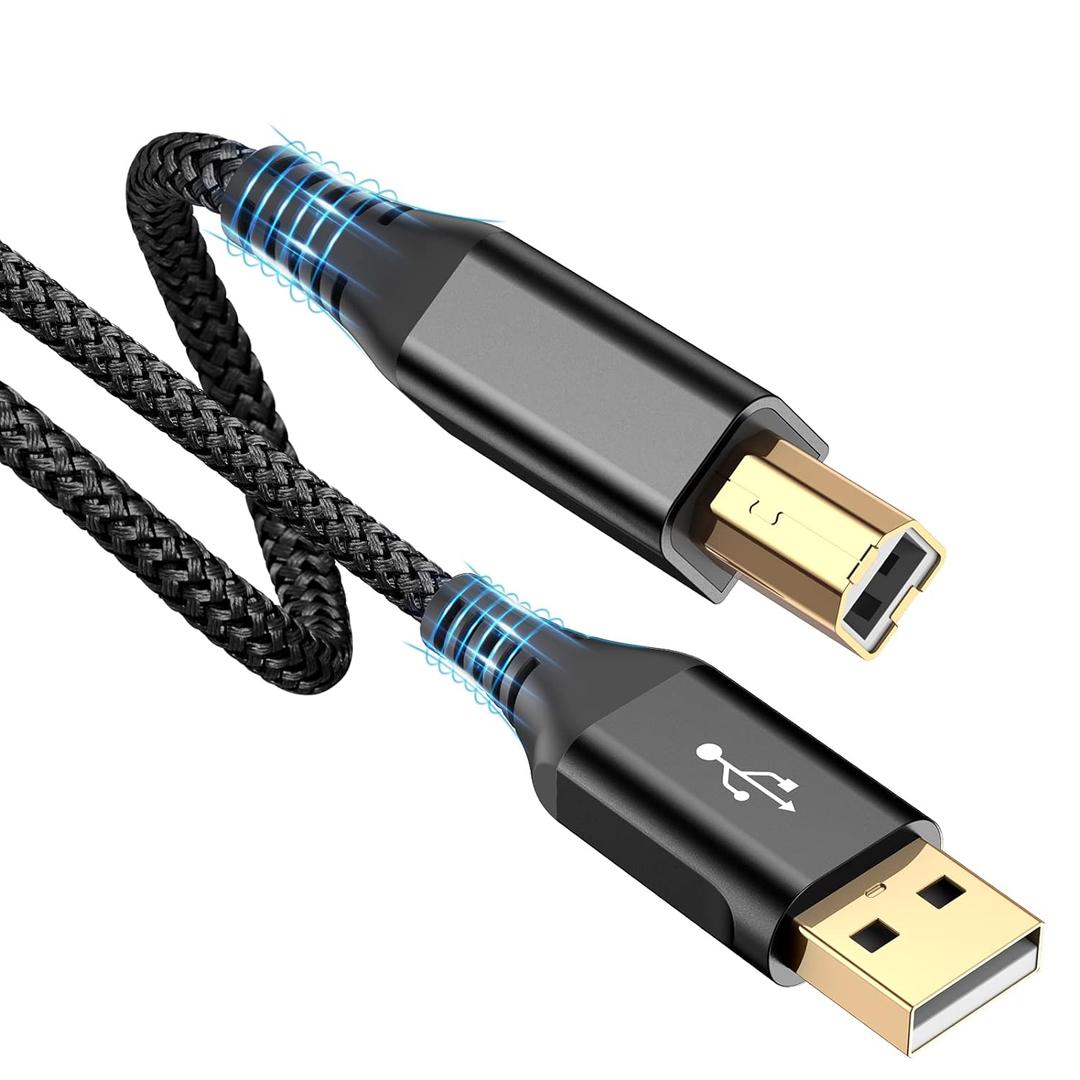 sweguard 20ft USB 2.0 USB-A to USB-B Cable - High Speed Nylon Braided Scanner/Printer Cord for HP, Canon, Dell, Epson, Brother, Lexmark, Xerox, Samsung & More - Black
