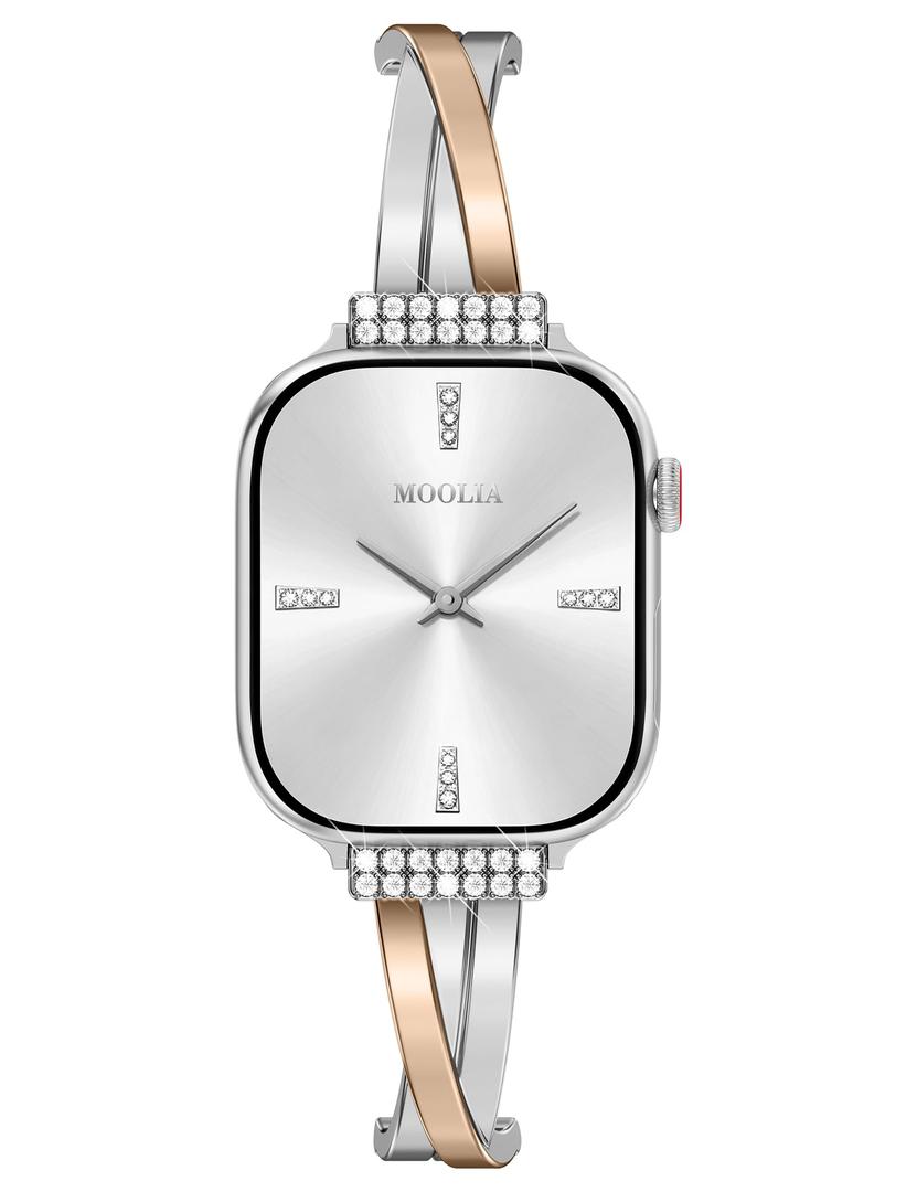 Moolia Bling Metal Bracelet Compatible with Apple Watch Bands 38/40/41/42mm Women, Designer X Shaped Bangle Strap Dressy Jewelry Wristband for iWatch Series 11 10 9 8 7 6 5 4 3 SE Ultra 3/2/1, Silver/Rose Gold