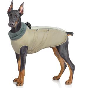 IDOMIK Warm Dog Coat with Harness, Waterproof Reflective Dog Jackets for Small Medium Large Dogs, Fleece High Collar Winter Jacket with Zipper, Pet Winter Snowsuit Clothes for Cold Weather,Khaki XL 