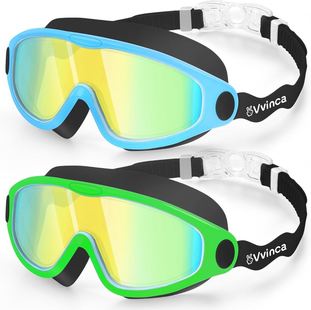Vvinca Kids Swim Goggles 2 Pack, Soft Wave-Shape Strap (No Hair Pulling), Anti Fog Leak Free Swimming Goggles Boys Girls 3-15