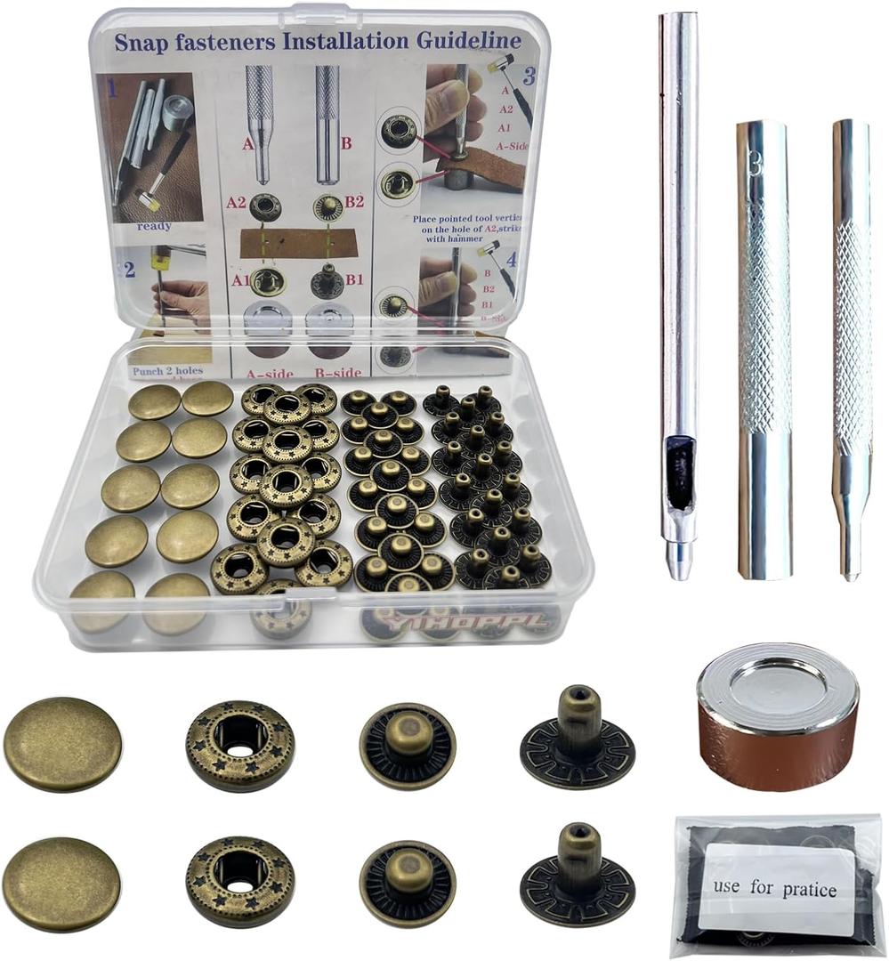 15MM Leather snap Fasteners kit Brass Metal Button Snaps for ClothesJacketsJeans Wears Bags (with Standard Install ToolPractice Operations Webbing (15mm Antique, 26)