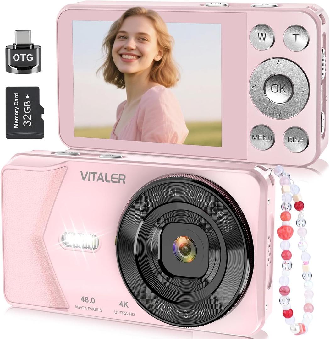 Digital Camera, Autofocus 48MP 4K Camera for Photography with 32GB Card, Portable Compact Point and Shoot Digital Camera for Teens Adult Beginner Kids with Metal Shell, 2000 mAh Battery (Pink)