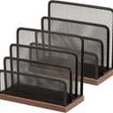 Wooden Desk Mail Organizer, Desktop File Organizer Metal Mesh with 3 Vertical Upright Compartments, Mail Sorter Letter Organizer Rack for Letters, Postcards, Brochures, Mail Holder (Pack of 2, Black)