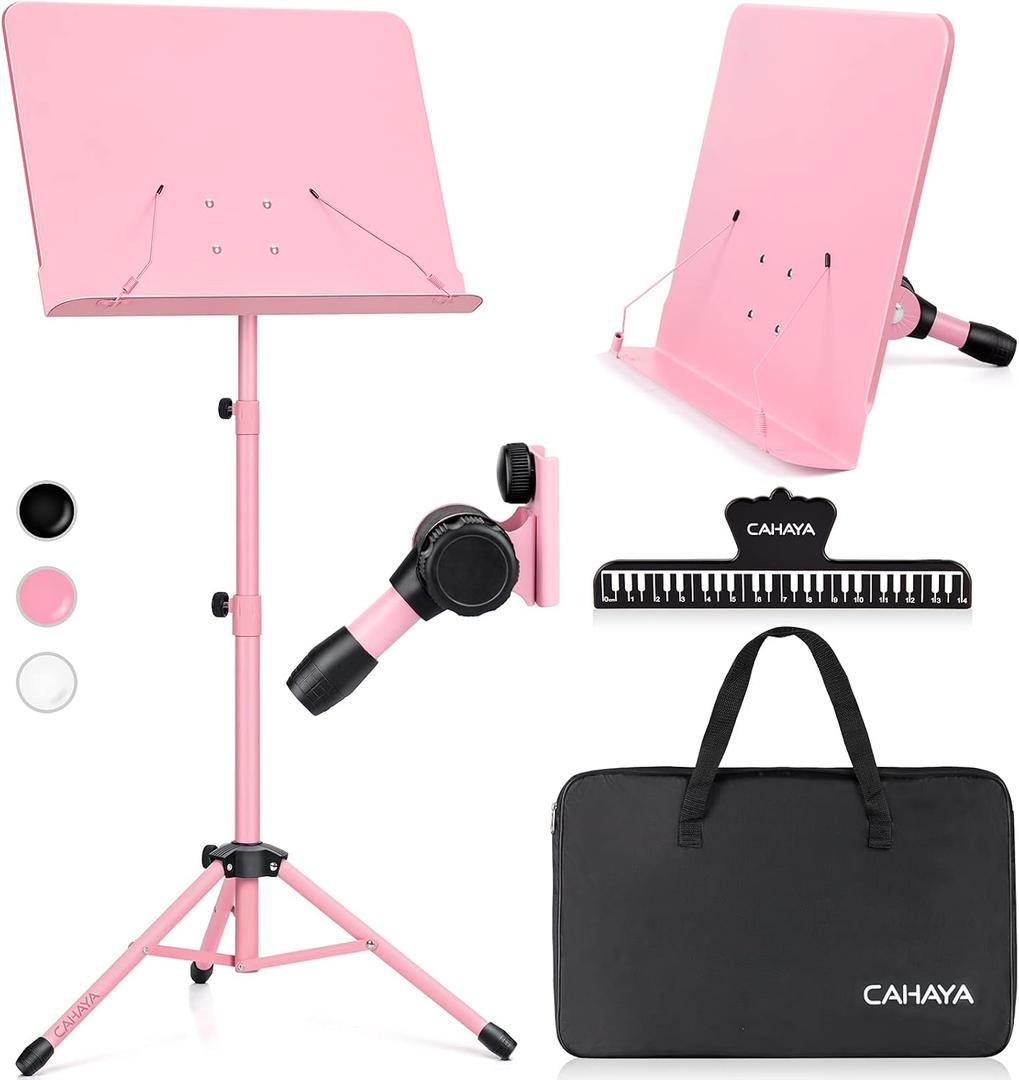 CAHAYA Sheet Music Stand & Tabletop Music Stand Solid Back with Carrying Bag for Books Notes Laptop Tablet Pink CY0194