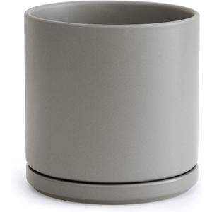 D'vine Dev 10 Inch Ceramic Planter Pot with Drainage Hole and Saucer, Indoor Cylinder Round Planter Pot, Grey, 94-O-E-3