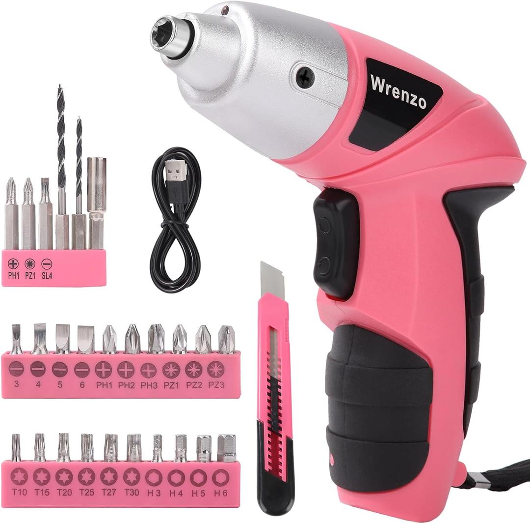 Electric Screwdriver 28pc 3.6V Pink USB Small Power Screwdriver Set. Cordless & Rechargeable with Driver Bit Set